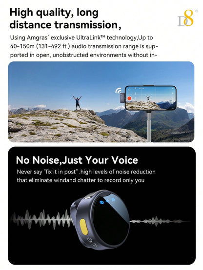 D8 Wireless Lavalier Mic, Auto Sync, Noise Reduction, 23H Battery, Pro Audio