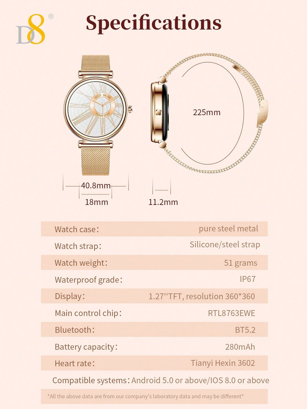 D8 Women's Smartwatch, 1.27" TFT, Calls, IP67, 100+ Sports, Heart Monitor