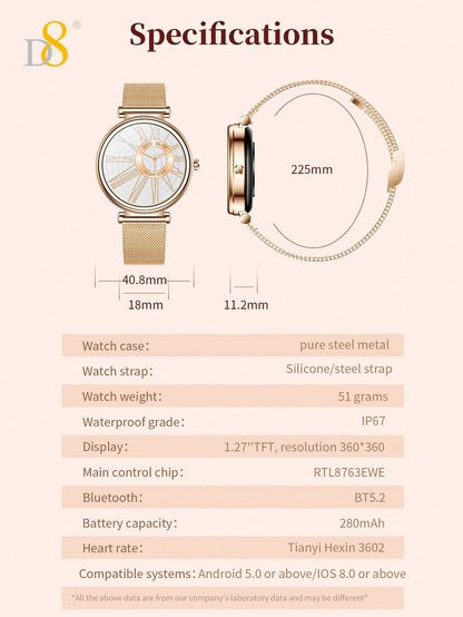 D8 Women's Smartwatch, 1.27" TFT, Calls, IP67, 100+ Sports, Heart Monitor