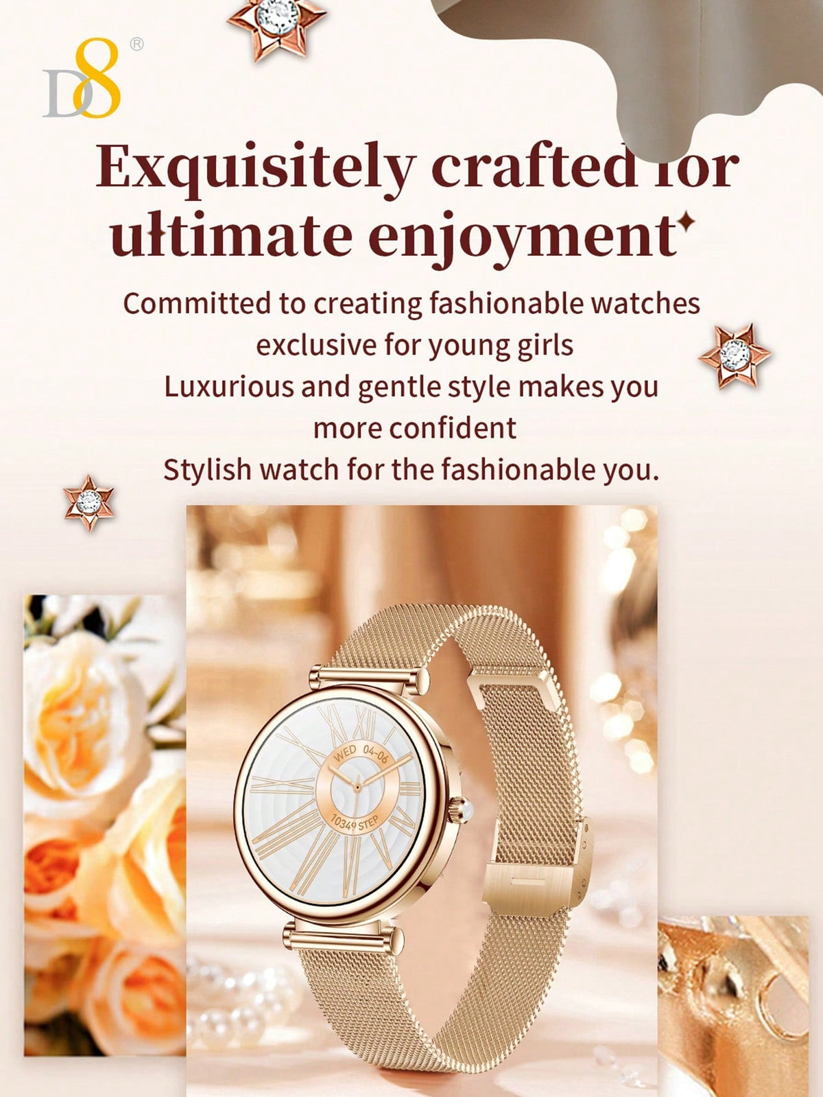 D8 Women's Smartwatch, 1.27" TFT, Calls, IP67, 100+ Sports, Heart Monitor