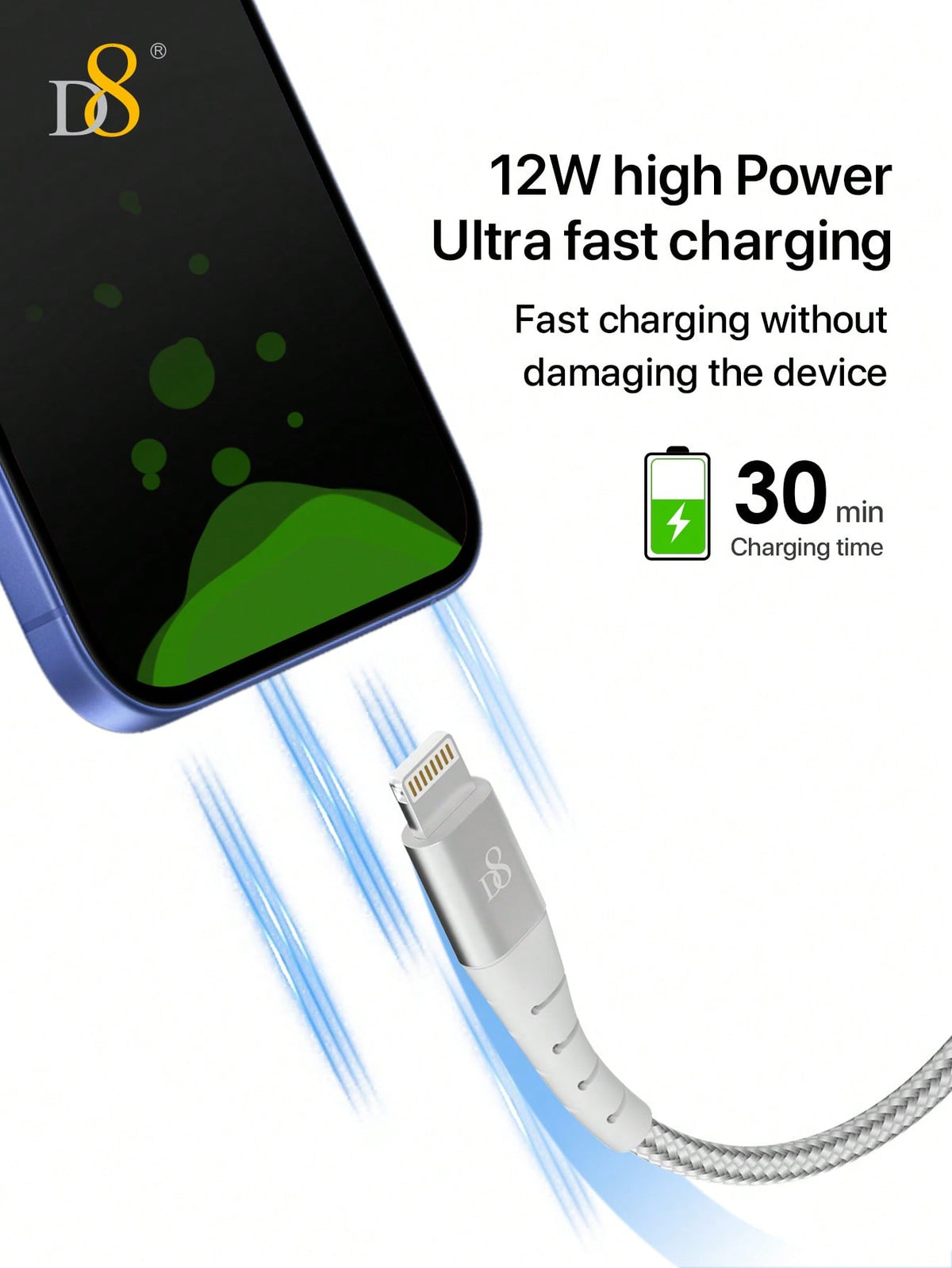 D8 Lightning Fast Charging Data Cable – High-Speed Charger for iPhone, iPad, and More