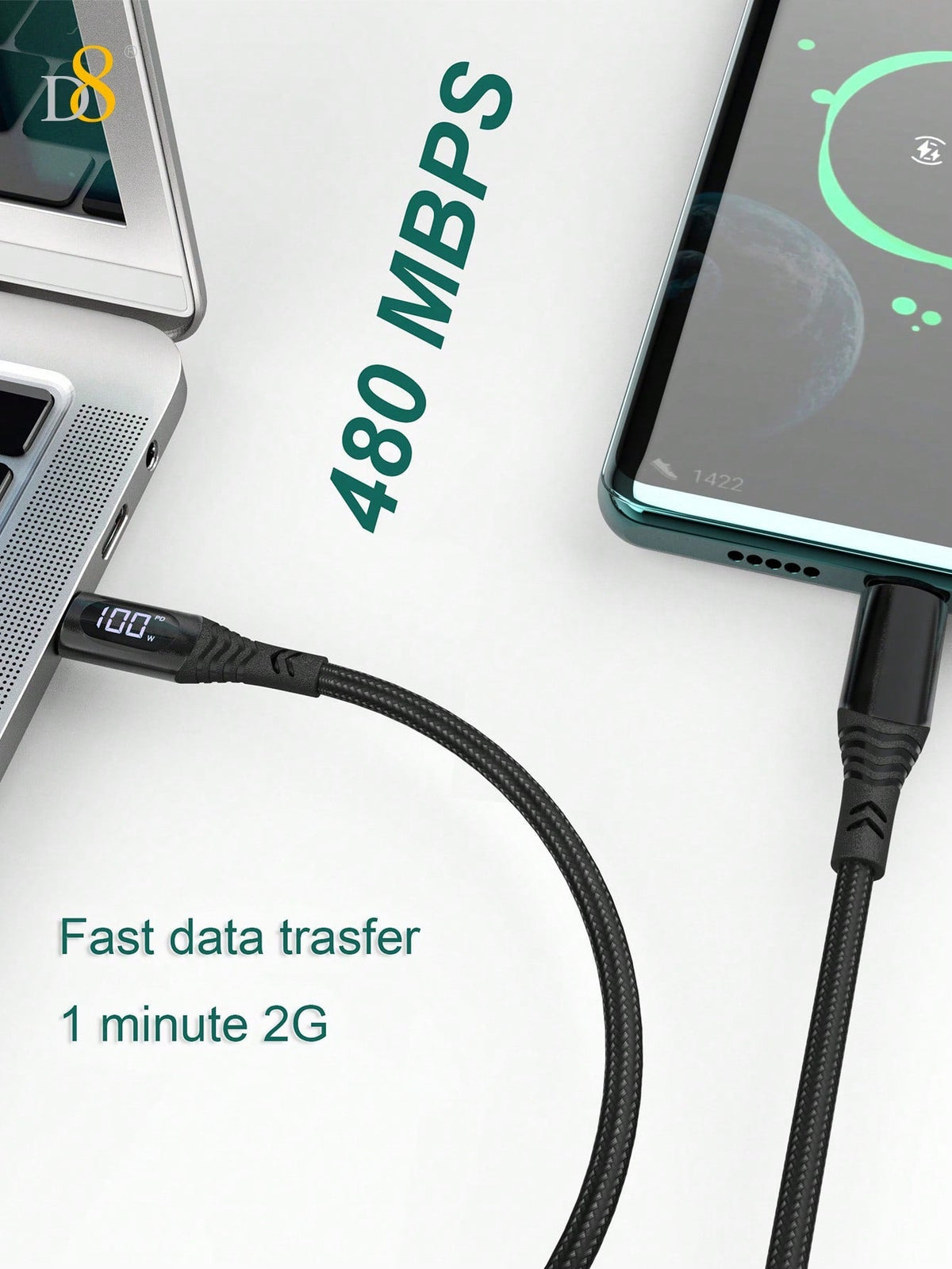D8 1.2M Nylon USB-C Cable, 100W/5A Fast Charge with LED for iPhone/Galaxy