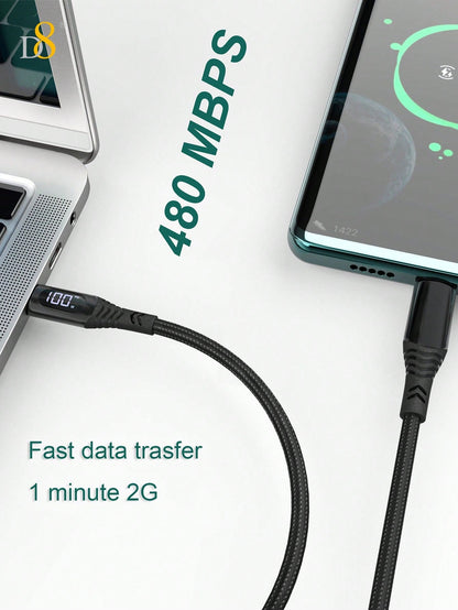 D8 1.2M Nylon USB-C Cable, 100W/5A Fast Charge with LED for iPhone/Galaxy