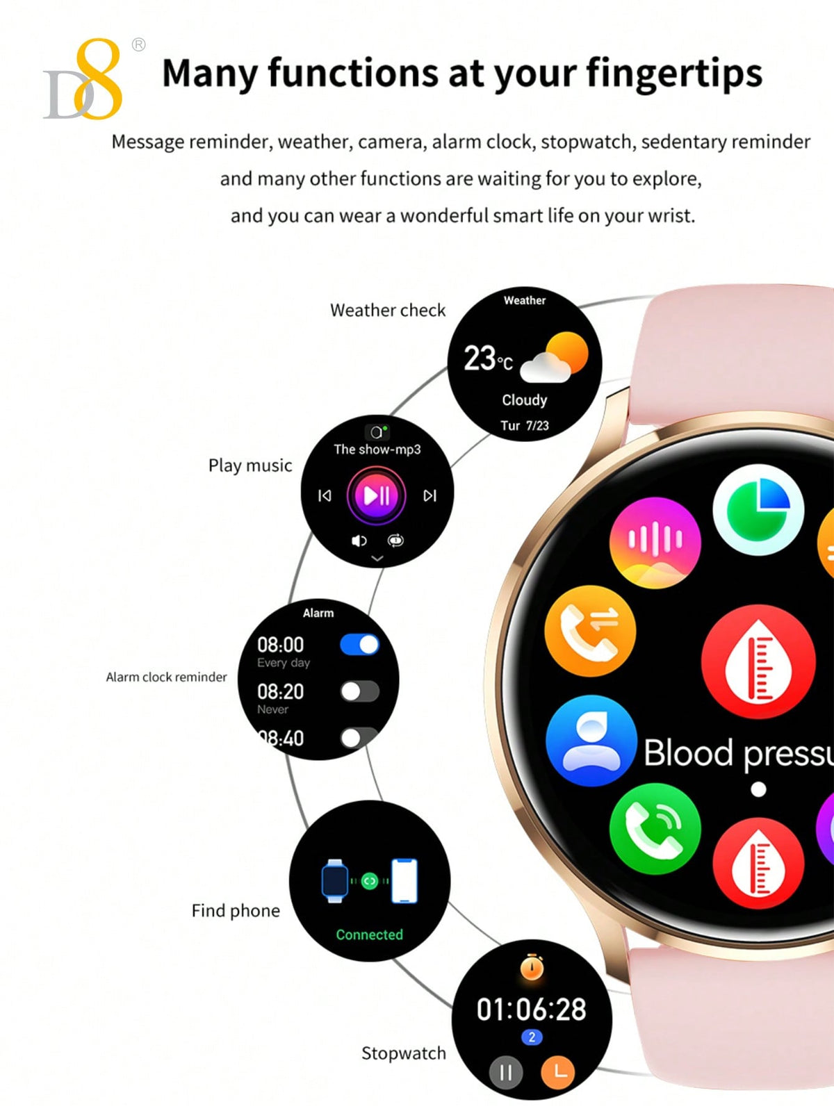 D8 Women's Smartwatch IP67 Waterproof Fitness Tracker 100+ Sports Modes