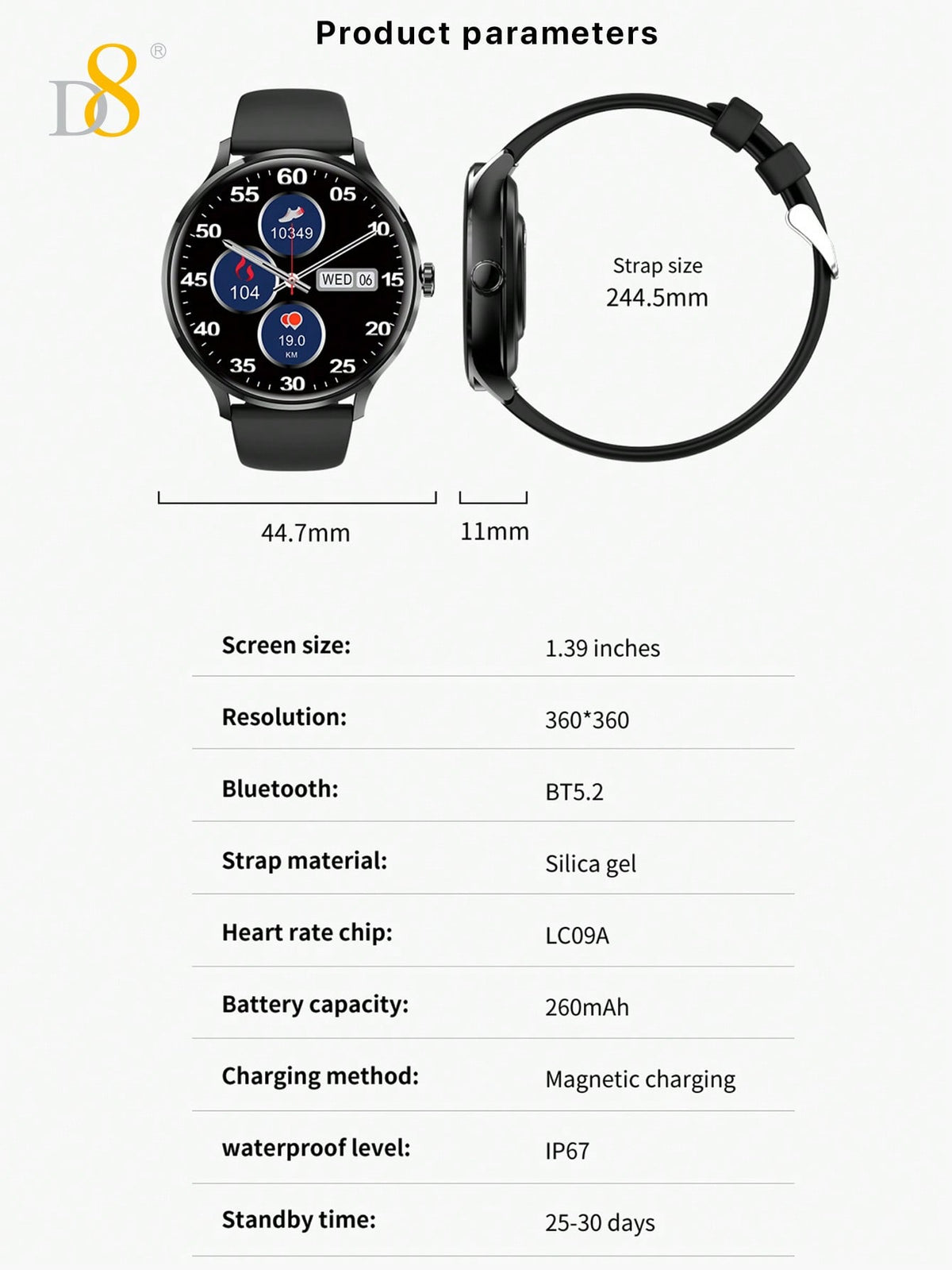 D8 Women's Smartwatch IP67 Waterproof Fitness Tracker 100+ Sports Modes
