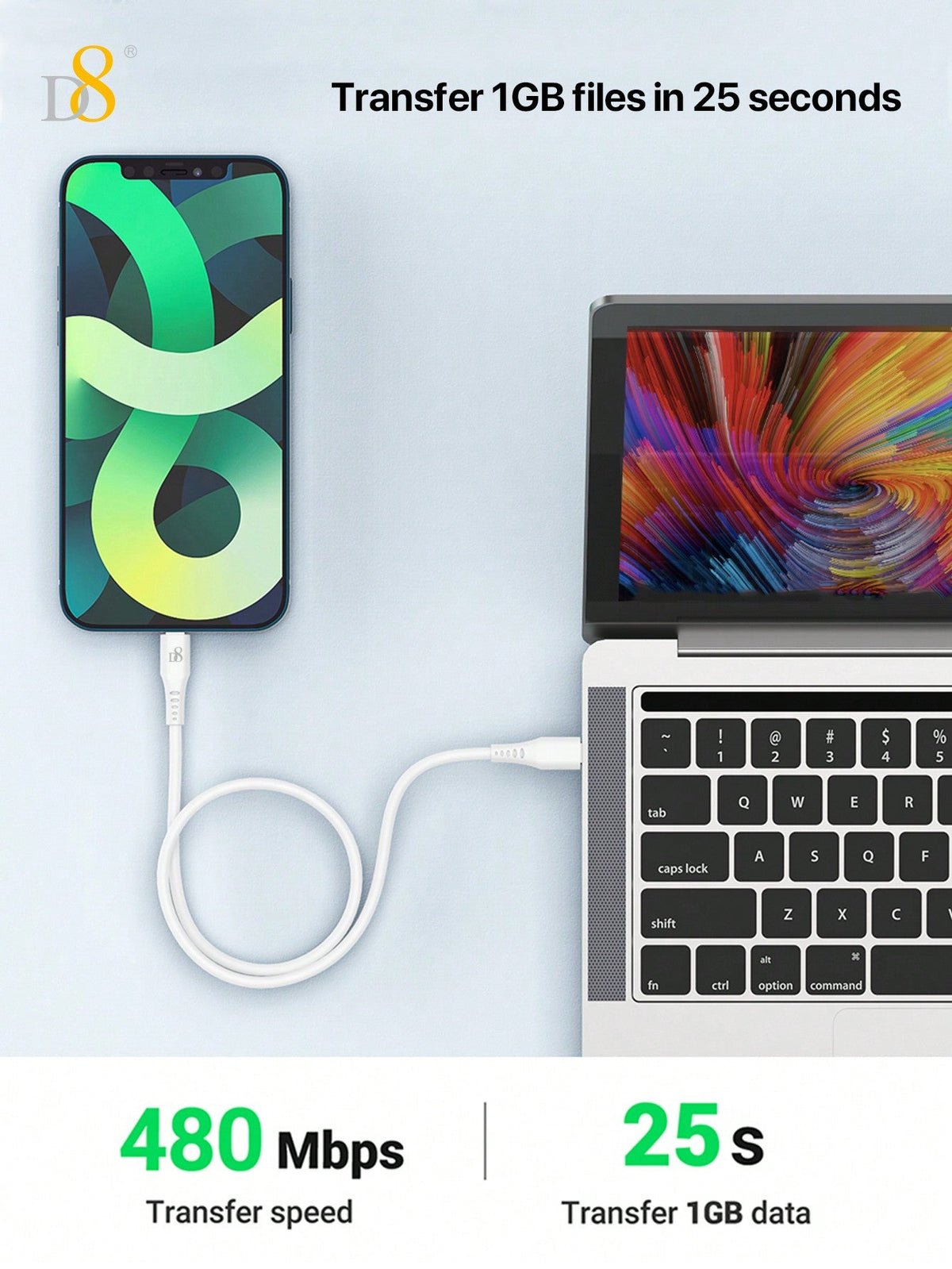 D8 USB-C to Lightning Charger Cable 1.2M – MFi Certified, 2.4A Fast Charging