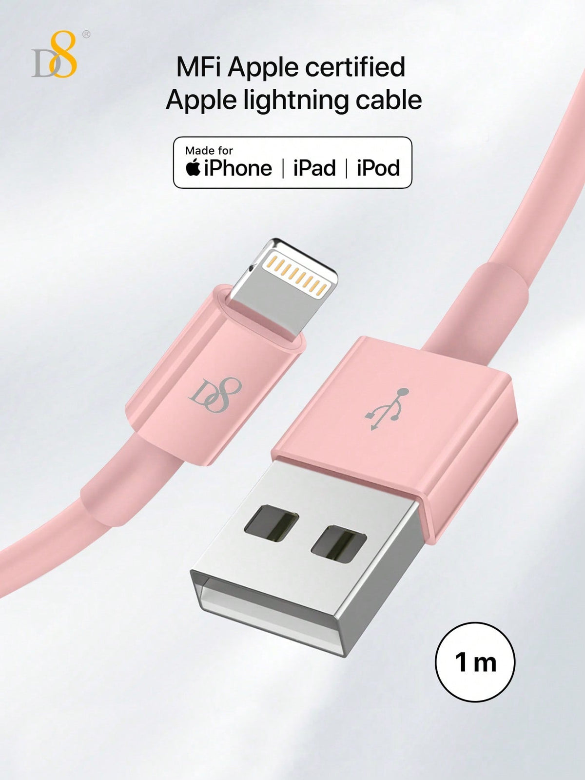 D8 3-Pack USB-A to Lightning Cable, MFi Certified 2.4A Fast Charging (1M)