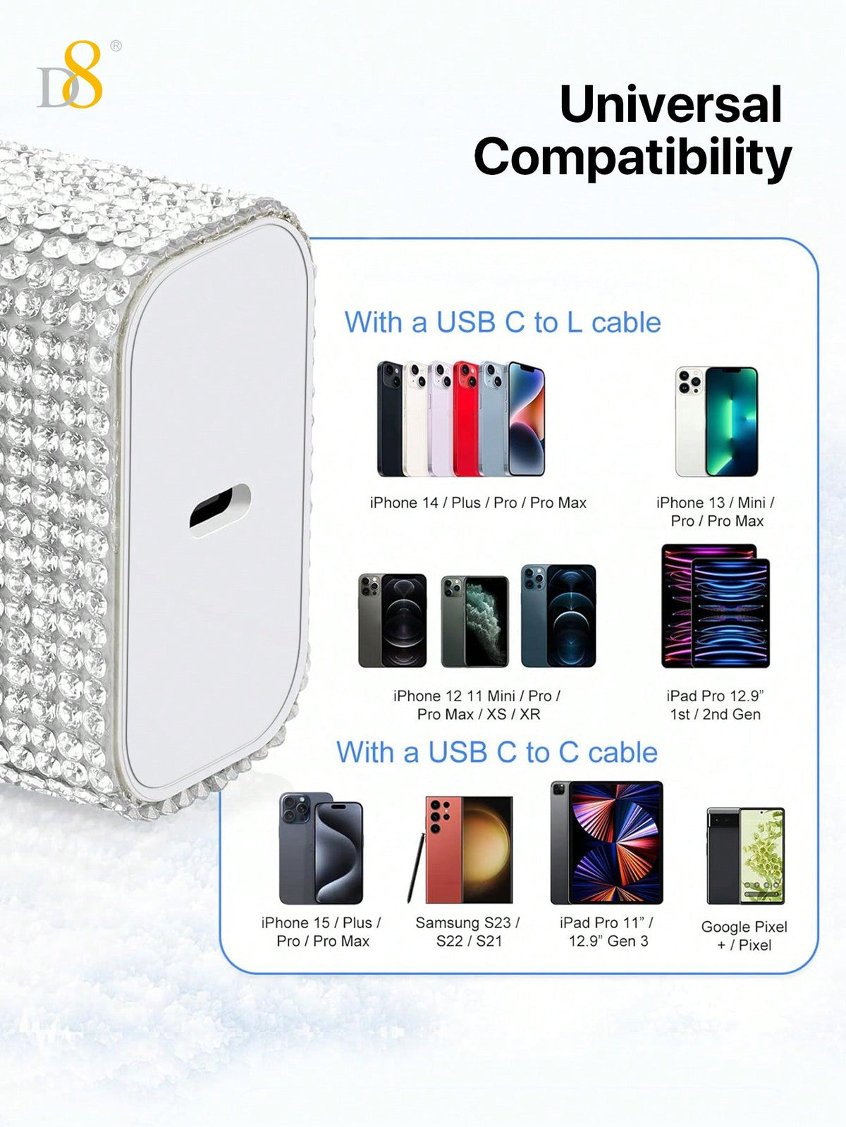 D8 Crystal Decoration Type C Charger, 20W PD USB Wall Charger Super Fast Charging Block /Crystal Decoration /USB-C Cord Phone Charger