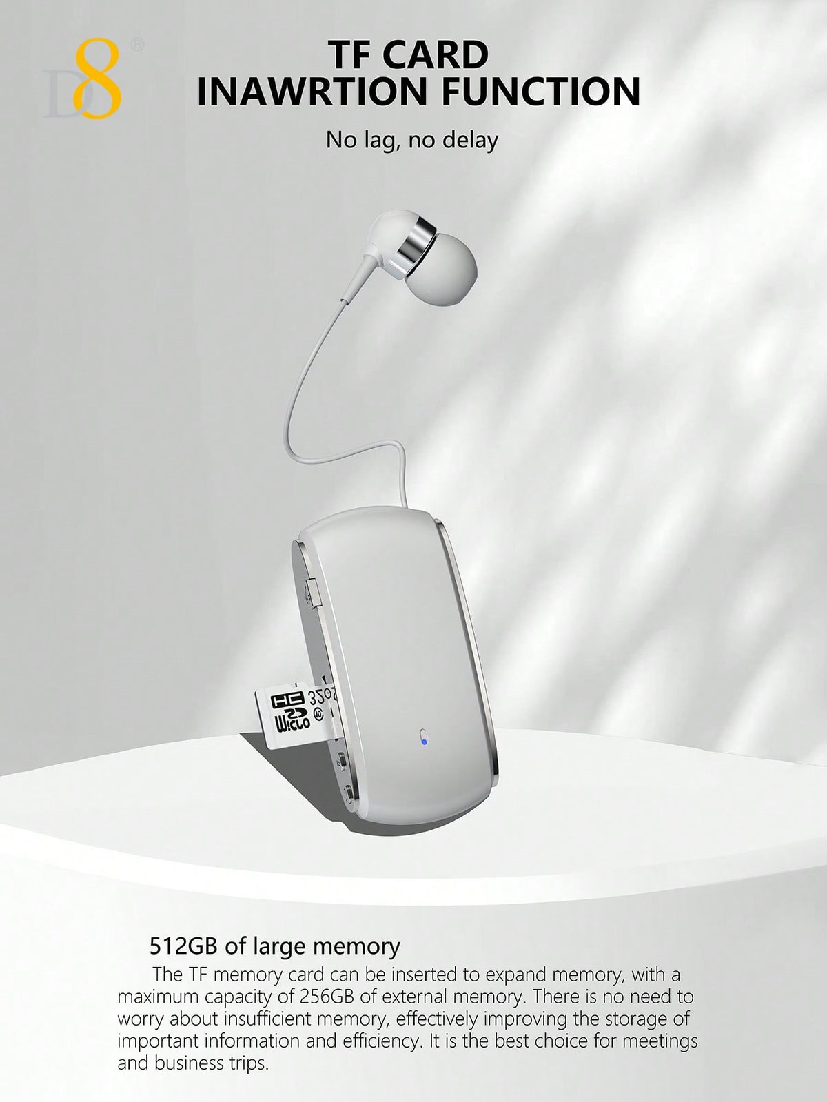 D8 Retractable Wireless Headset – 12H Talk Time, Noise Cancelling Mic, Dual-Mode for Sports & Business