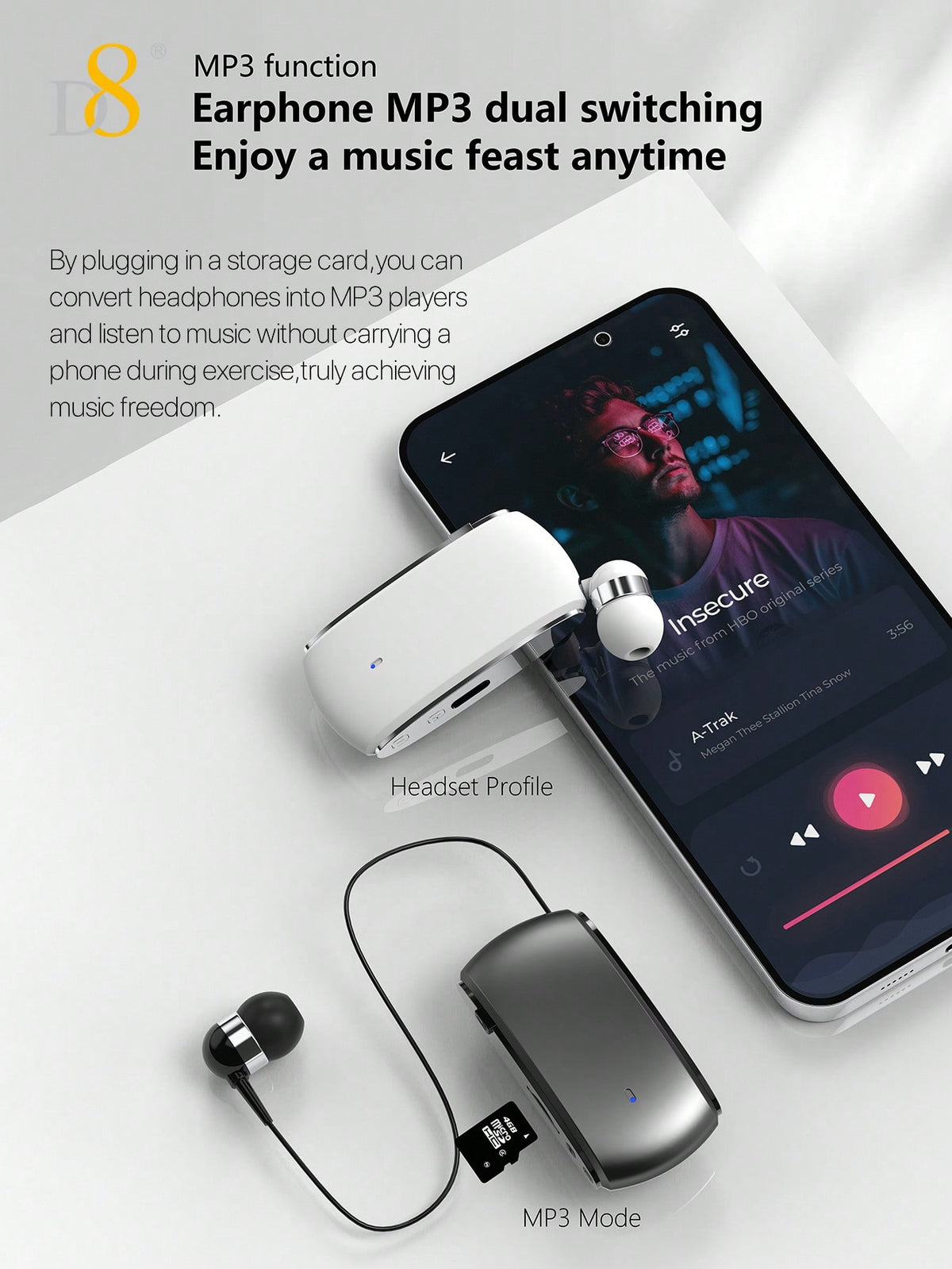 D8 Retractable Wireless Headset – 12H Talk Time, Noise Cancelling Mic, Dual-Mode for Sports & Business