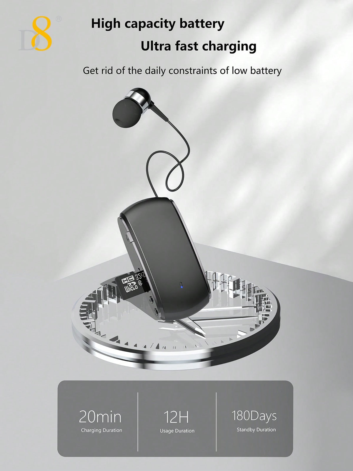 D8 Retractable Wireless Headset – 12H Talk Time, Noise Cancelling Mic, Dual-Mode for Sports & Business