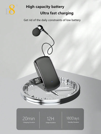 D8 Retractable Wireless Headset – 12H Talk Time, Noise Cancelling Mic, Dual-Mode for Sports & Business