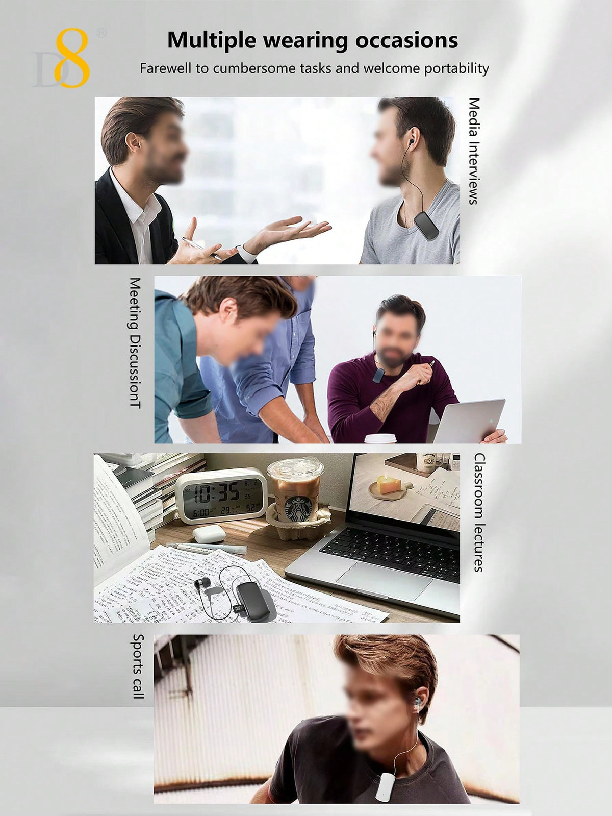 D8 Retractable Wireless Headset – 12H Talk Time, Noise Cancelling Mic, Dual-Mode for Sports & Business