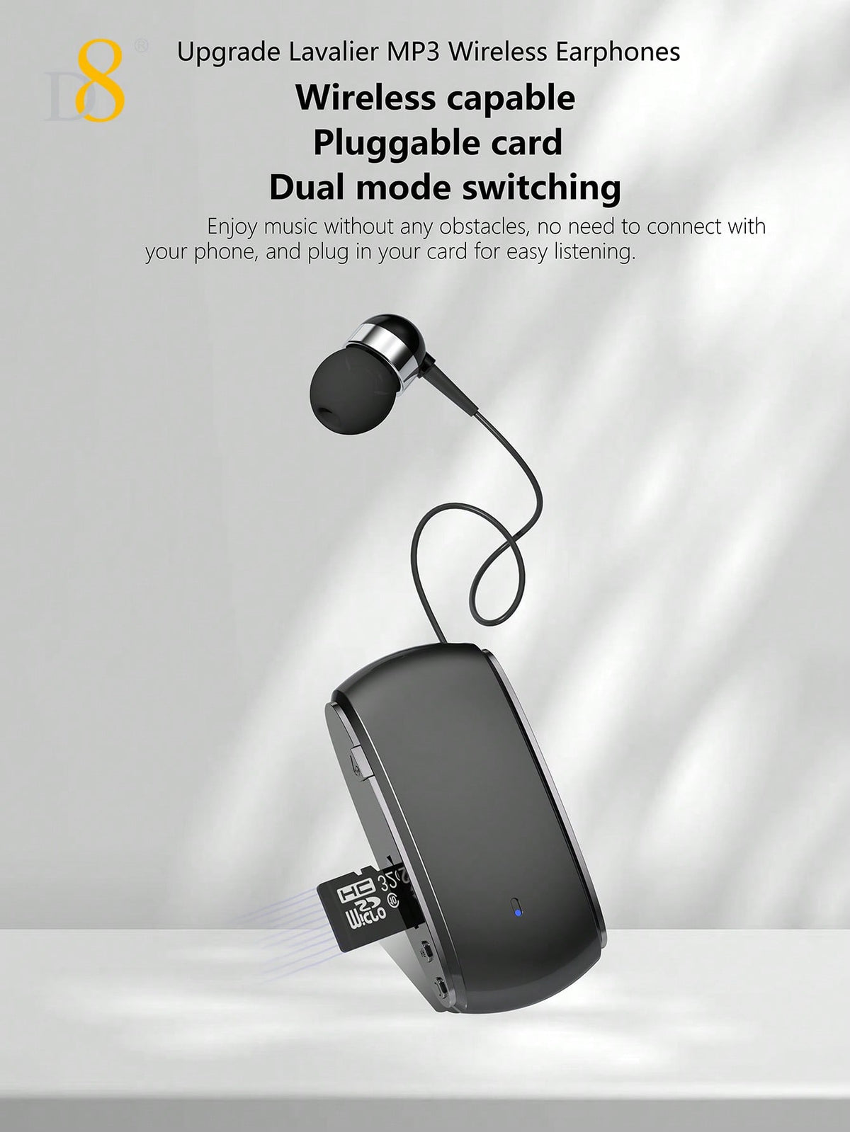 D8 Retractable Wireless Headset – 12H Talk Time, Noise Cancelling Mic, Dual-Mode for Sports & Business