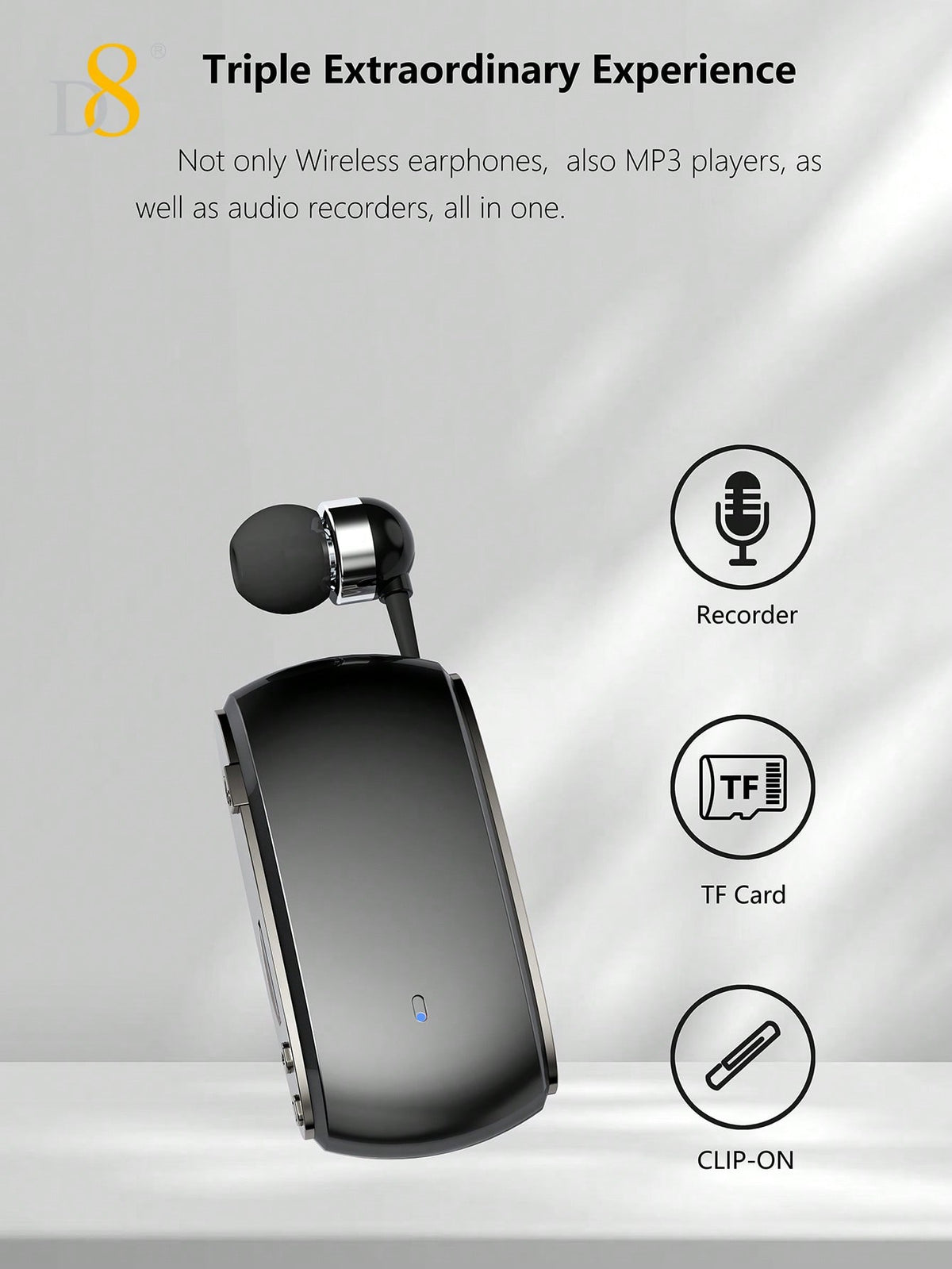 D8 Retractable Wireless Headset – 12H Talk Time, Noise Cancelling Mic, Dual-Mode for Sports & Business