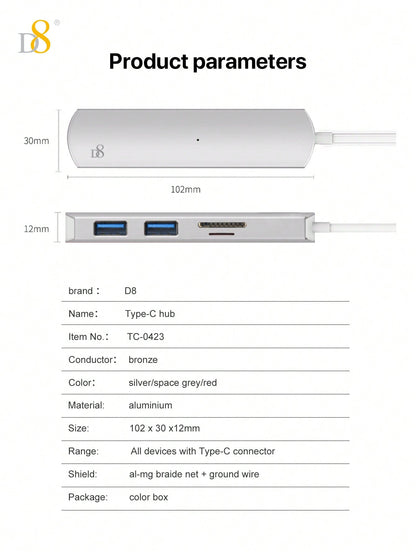 D8 4-in-1 USB C Hub - USB-C, 2 USB A 3.0, SD/TF Reader, 5Gbps, Aluminum Design