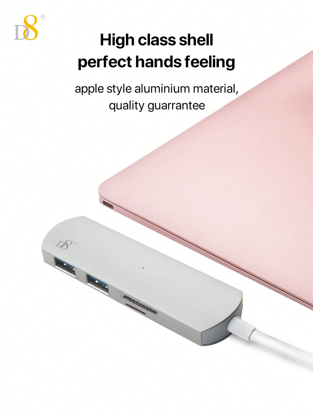 D8 4-in-1 USB C Hub - USB-C, 2 USB A 3.0, SD/TF Reader, 5Gbps, Aluminum Design