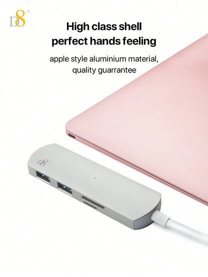 D8 4-in-1 USB C Hub - USB-C, 2 USB A 3.0, SD/TF Reader, 5Gbps, Aluminum Design