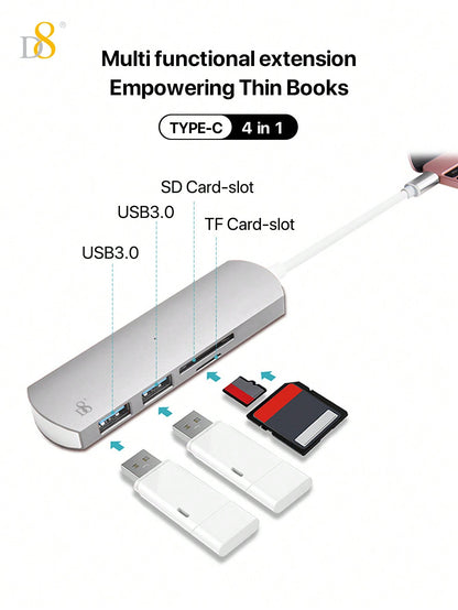 D8 4-in-1 USB C Hub - USB-C, 2 USB A 3.0, SD/TF Reader, 5Gbps, Aluminum Design