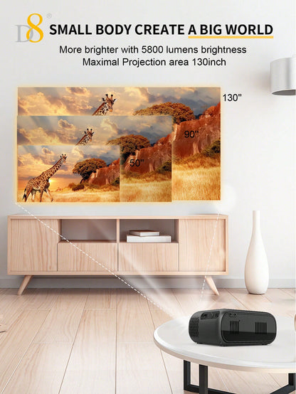 D8 High-Performance Projector – 5800 Lumens, 4K Support, Gaming Mode, 130" Screen