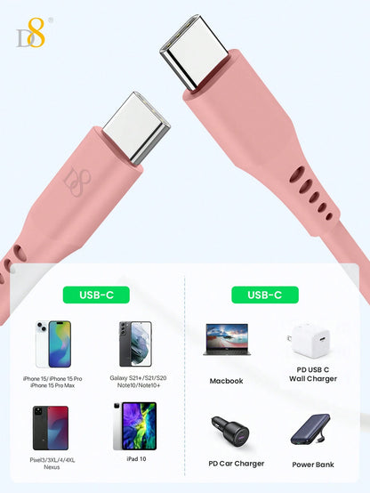 D8 USB C To USB C Cable, Soft Silicone USB C Cord, (1M)USB 2.0 Type C Charger Cable 3A Fast Charging Compatible With Macbook