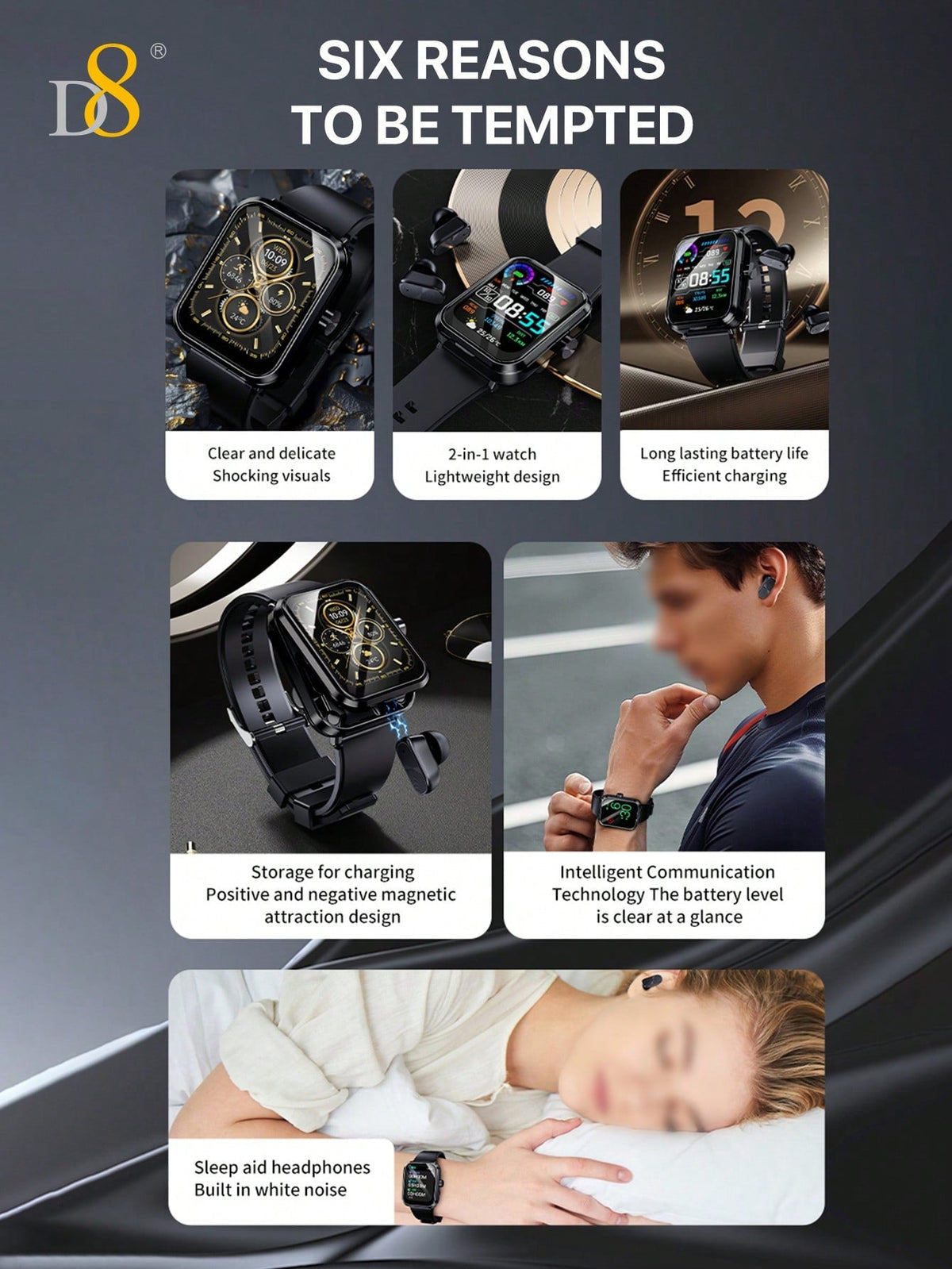 D8 Smart Watch + Earbuds – Fitness Tracker, 100+ Sports Modes, Waterproof for iOS & Android