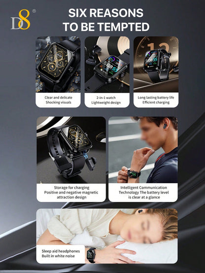 D8 Smart Watch + Earbuds – Fitness Tracker, 100+ Sports Modes, Waterproof for iOS & Android