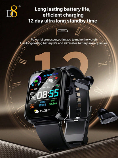 D8 Smart Watch + Earbuds – Fitness Tracker, 100+ Sports Modes, Waterproof for iOS & Android