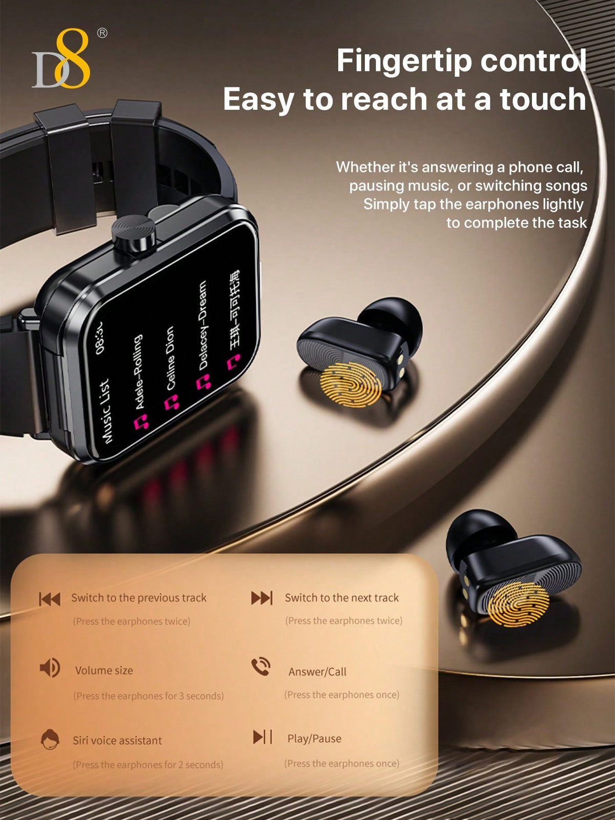 D8 Smart Watch + Earbuds – Fitness Tracker, 100+ Sports Modes, Waterproof for iOS & Android