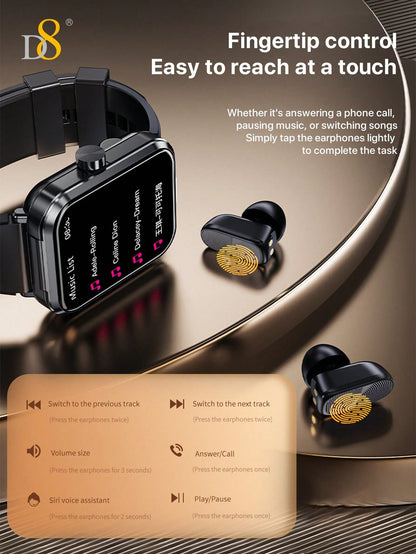 D8 Smart Watch + Earbuds – Fitness Tracker, 100+ Sports Modes, Waterproof for iOS & Android