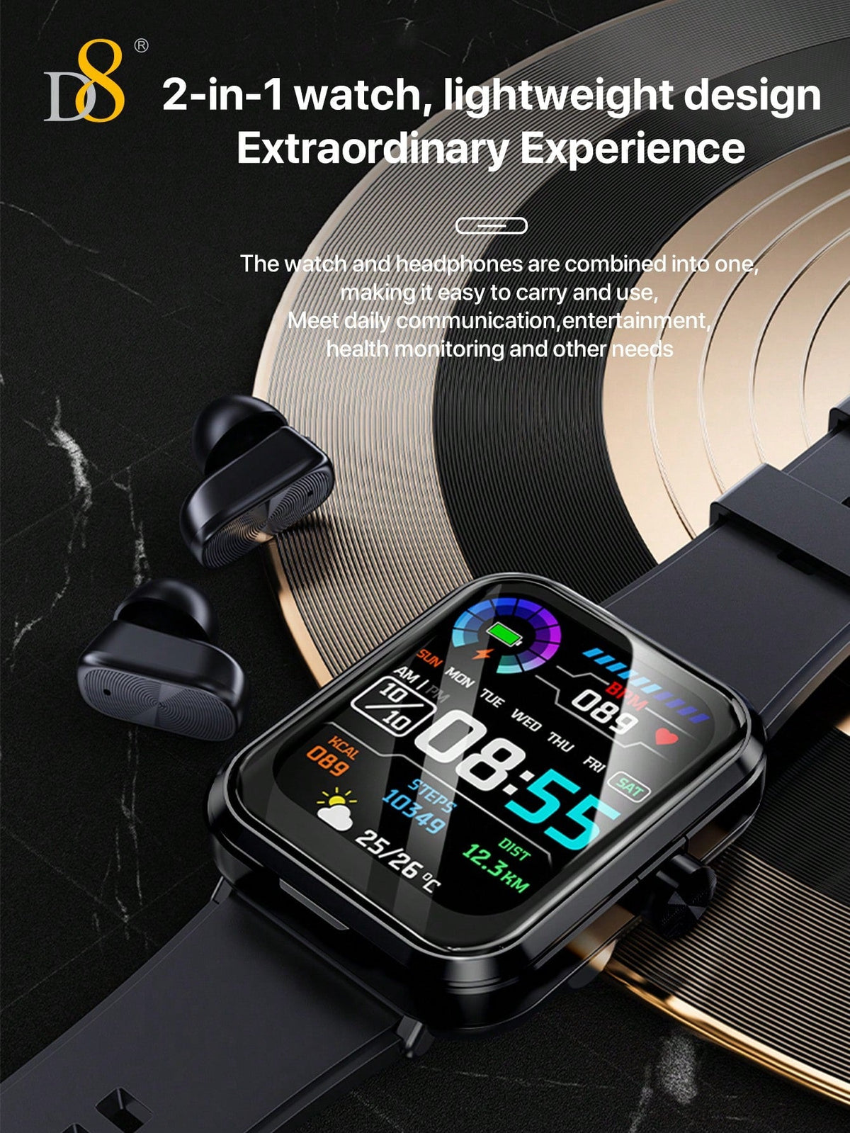 D8 Smart Watch + Earbuds – Fitness Tracker, 100+ Sports Modes, Waterproof for iOS & Android