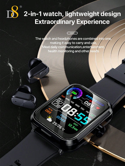 D8 Smart Watch + Earbuds – Fitness Tracker, 100+ Sports Modes, Waterproof for iOS & Android