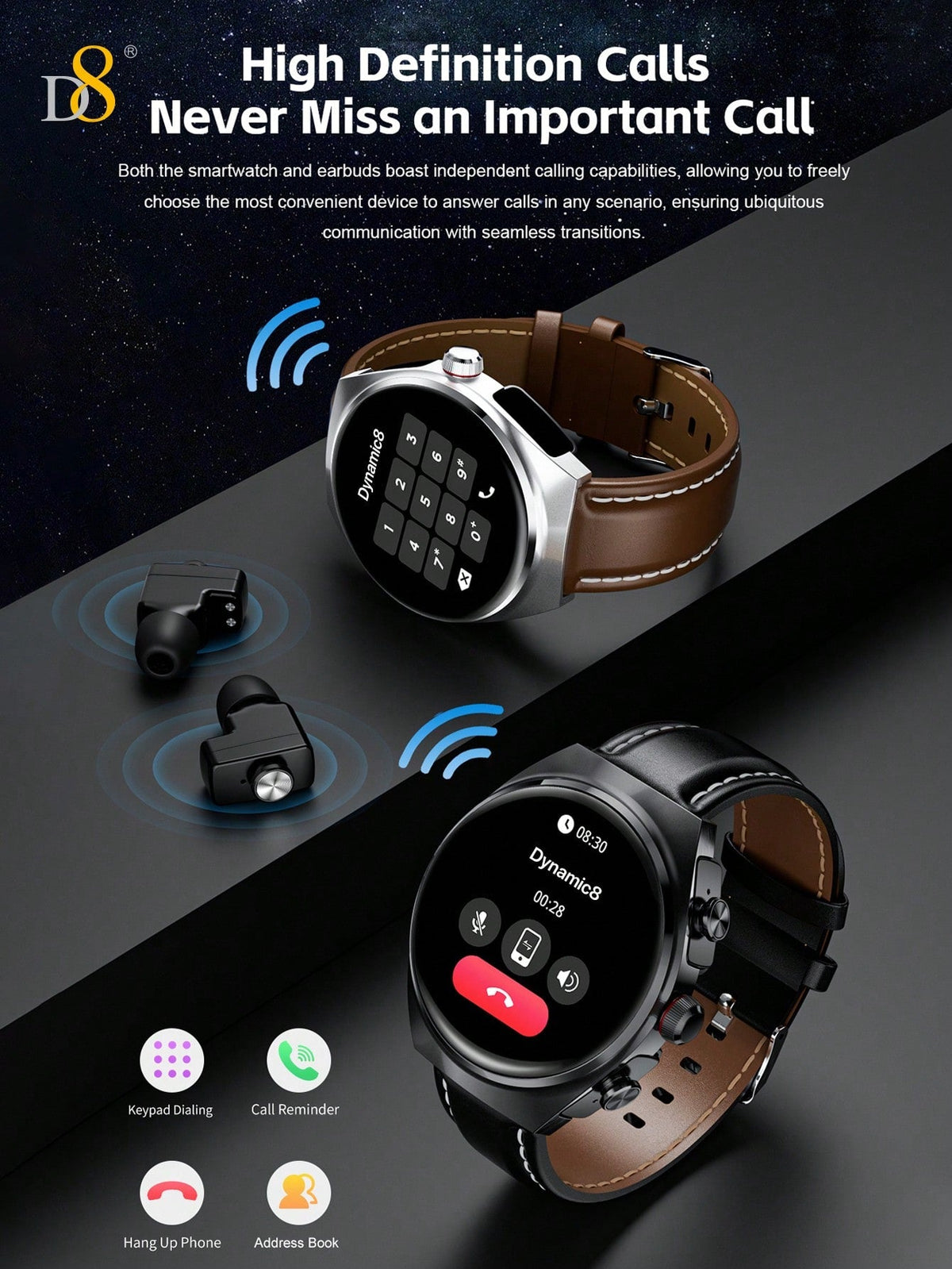 D8 Smartwatch with Earbuds, 1.53" HD Touch, Calls, 100+ Fitness Tracker Modes