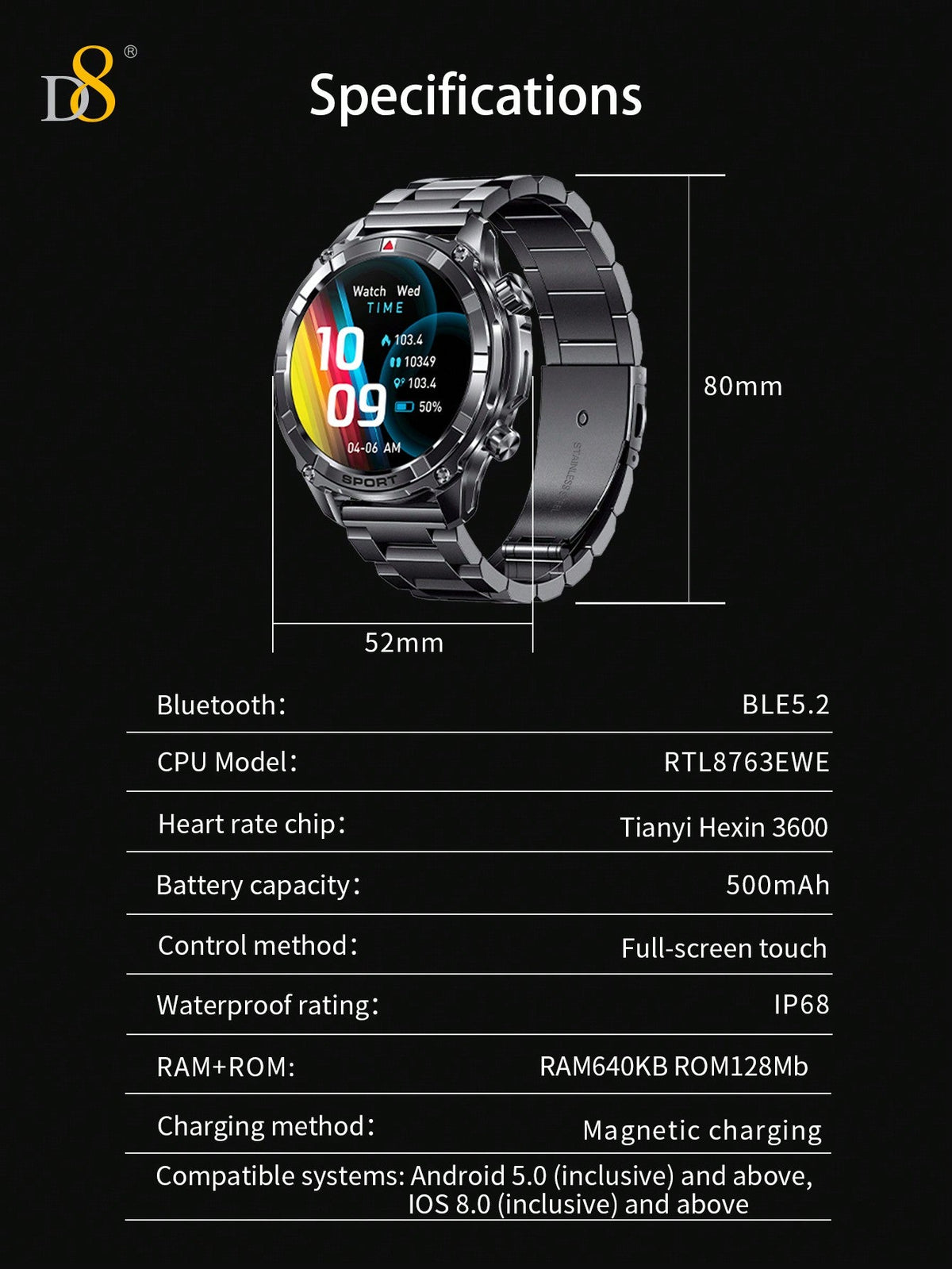 D8 Men's Smartwatch, 1.52" HD, Calls, LED Flashlight, IP68, 100+ Sports Modes
