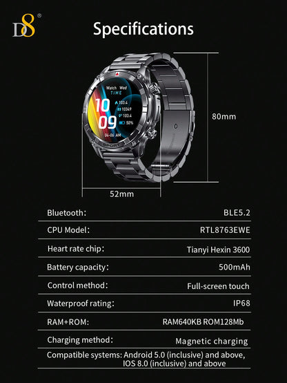 D8 Men's Smartwatch, 1.52" HD, Calls, LED Flashlight, IP68, 100+ Sports Modes