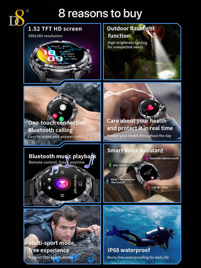 D8 Men's Smartwatch, 1.52" HD, Calls, LED Flashlight, IP68, 100+ Sports Modes