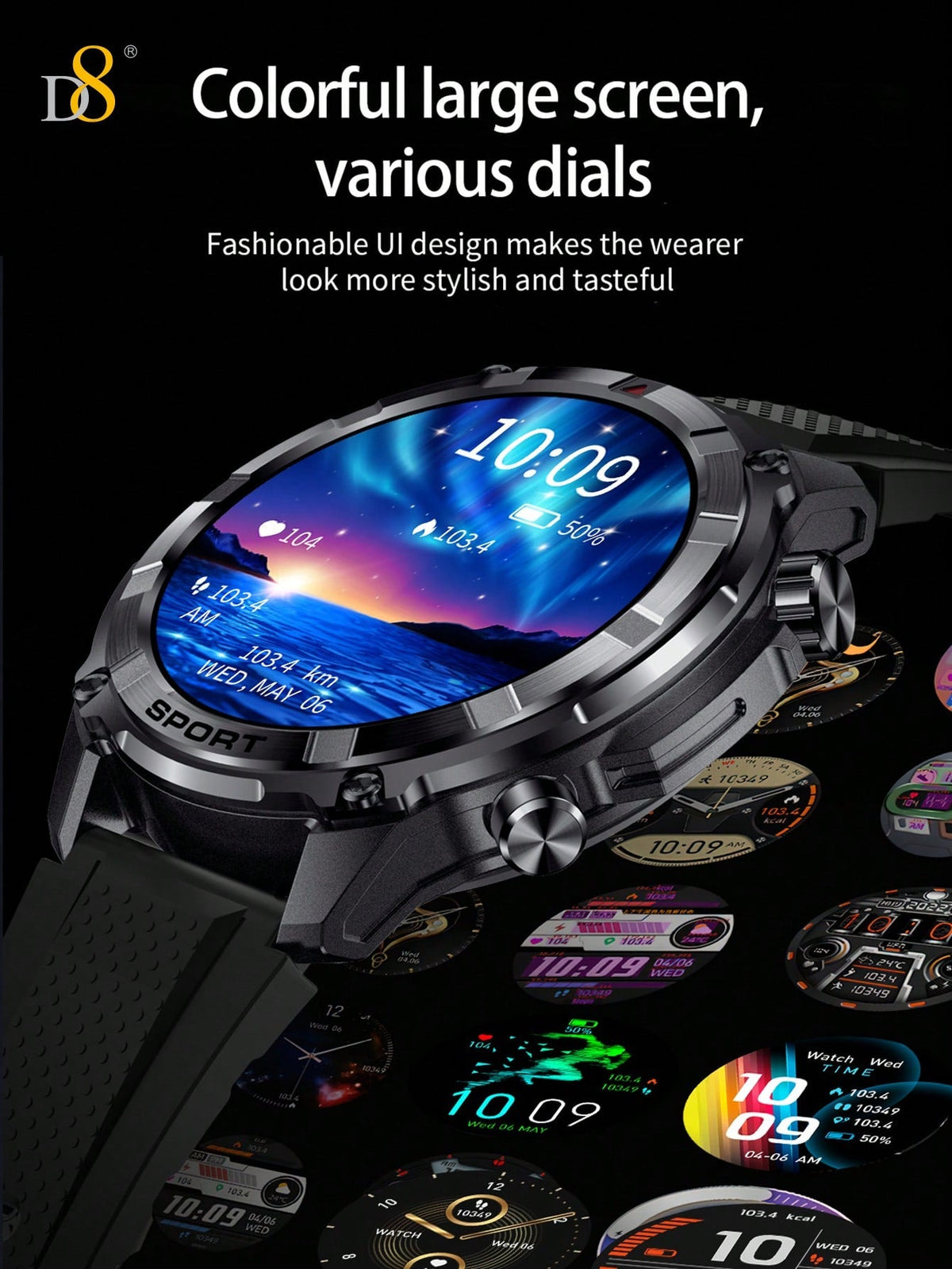 D8 Men's Smartwatch, 1.52" HD, Calls, LED Flashlight, IP68, 100+ Sports Modes