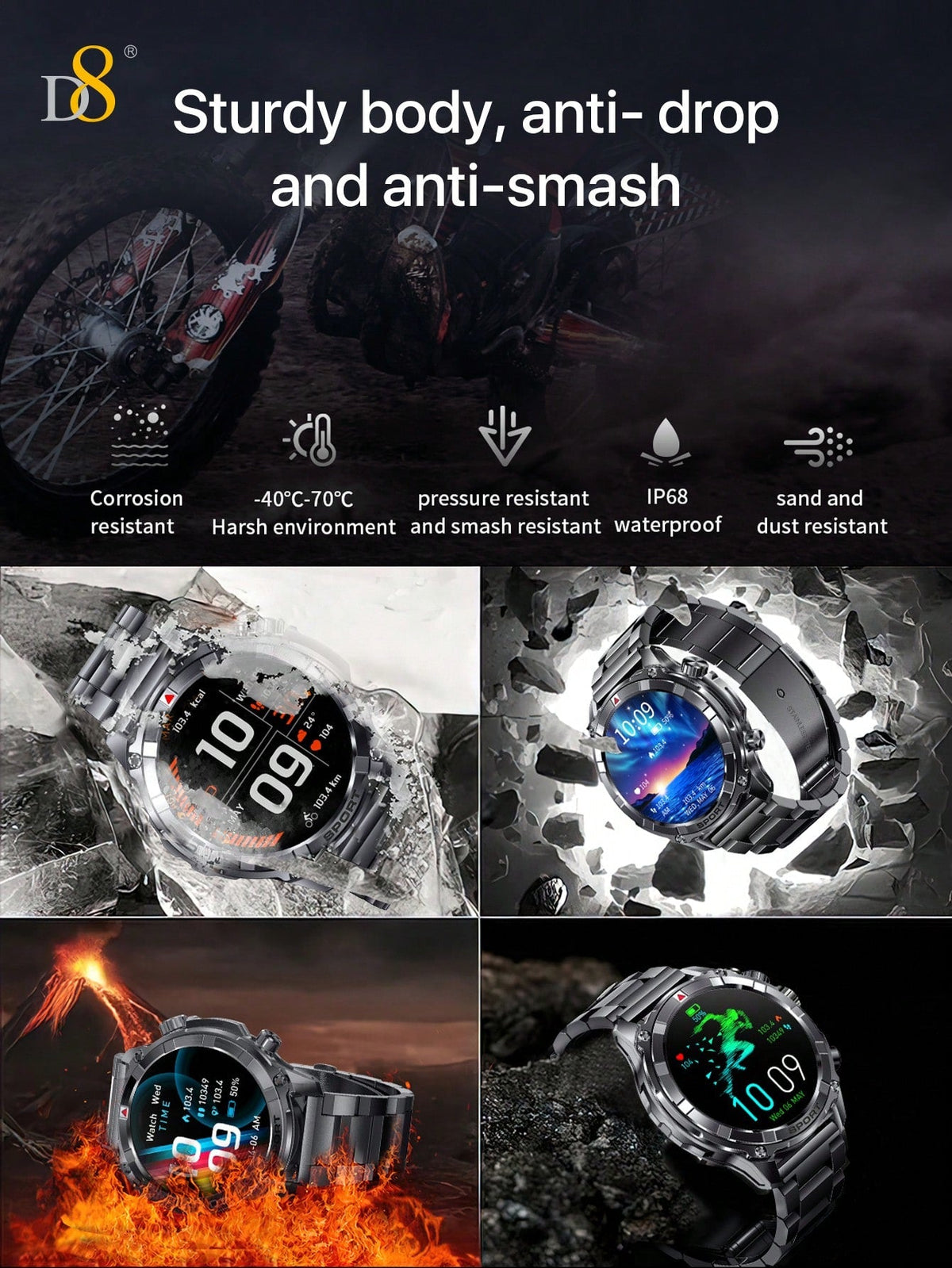 D8 Men's Smartwatch, 1.52" HD, Calls, LED Flashlight, IP68, 100+ Sports Modes