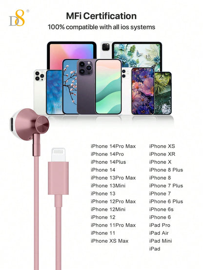 D8 Wired In-Ear Headphones with Lightning Connector – MFi Certified, Noise-Isolating, Mic & Volume Control