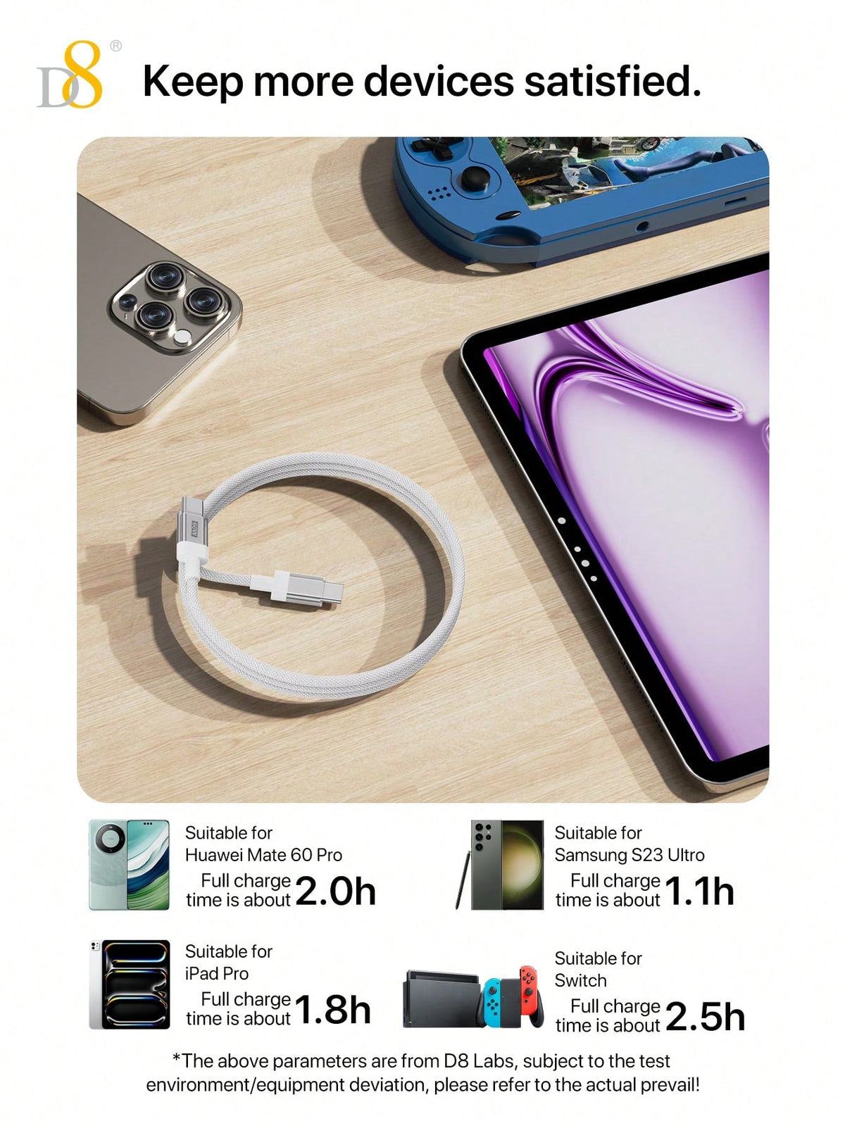 D8 USB-C Cable with Keychain, 60W Fast Charge, Nylon Braided, iPhone/Galaxy