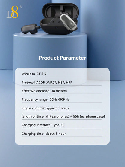 D8 Wireless Earbuds, 2024 Open Design, HiFi Sound, 55H Playtime, Type-C