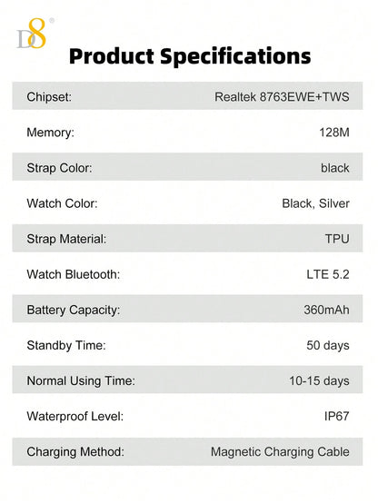 D8 Smart Watch with Earbuds – 1.46" HD Touch Screen, 110+ Fitness Modes, Call/Dial, Waterproof, iOS/Android