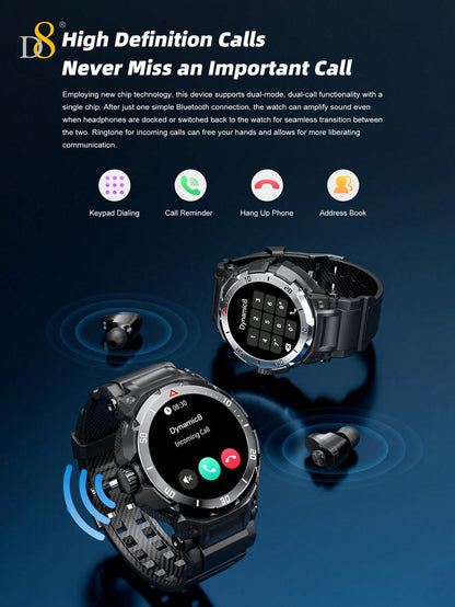 D8 Smart Watch with Earbuds – 1.46" HD Touch Screen, 110+ Fitness Modes, Call/Dial, Waterproof, iOS/Android