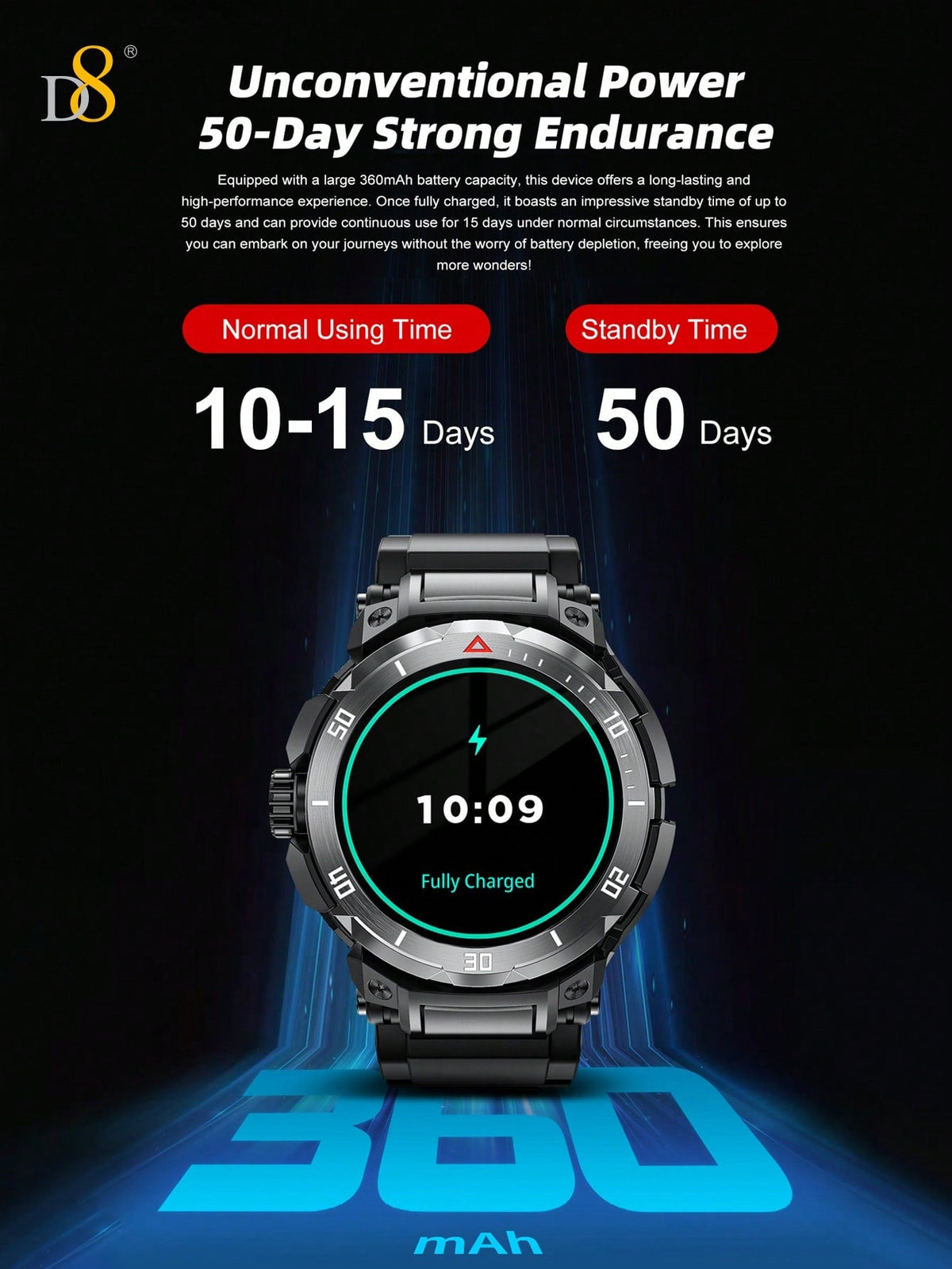 D8 Smart Watch with Earbuds – 1.46" HD Touch Screen, 110+ Fitness Modes, Call/Dial, Waterproof, iOS/Android