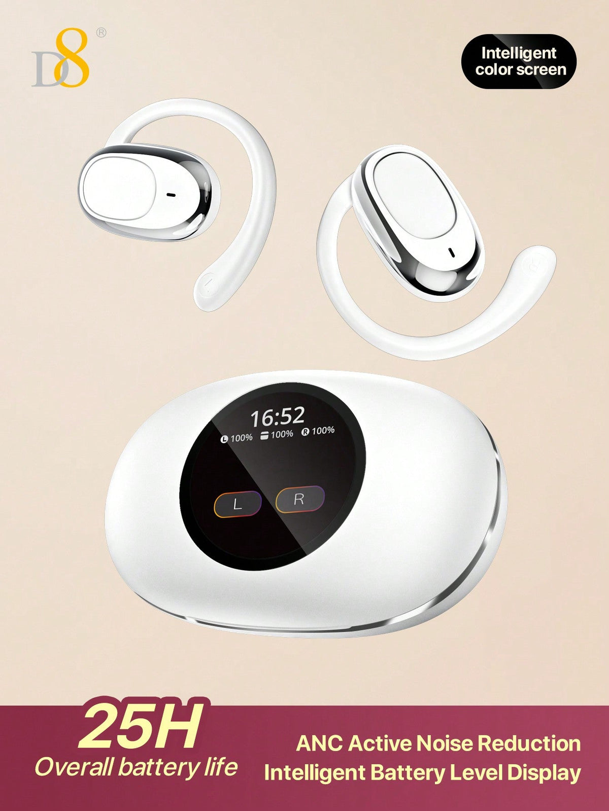 D8 Wireless Earbuds, LED Display, ENC Mic, Sport Earhook, Stereo Sound