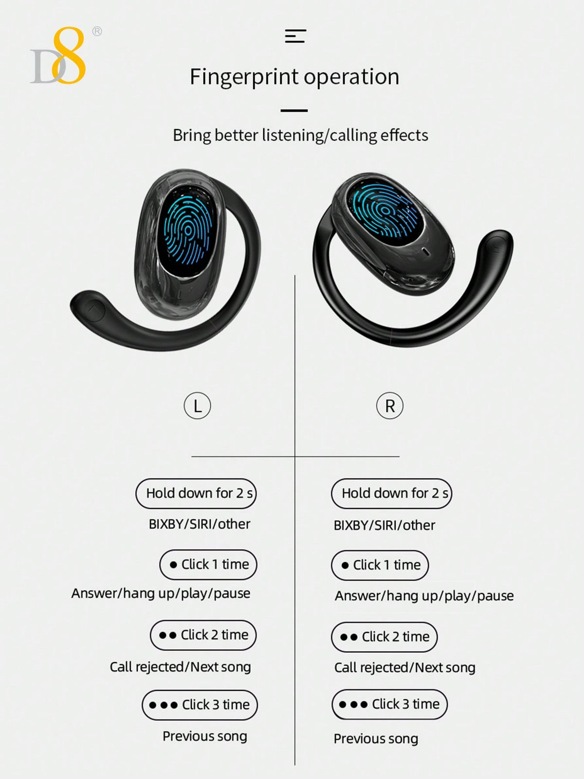 D8 Wireless Earbuds, LED Display, ENC Mic, Sport Earhook, Stereo Sound