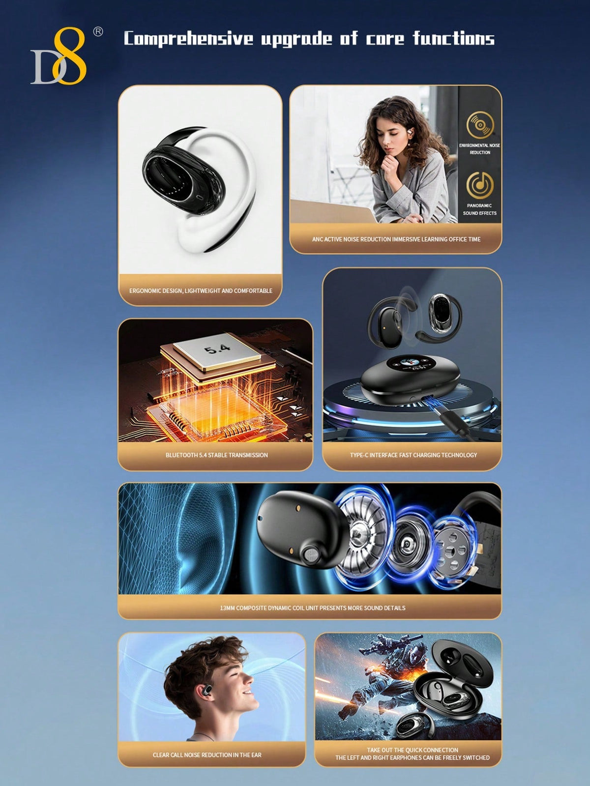D8 Wireless Earbuds, LED Display, ENC Mic, Sport Earhook, Stereo Sound