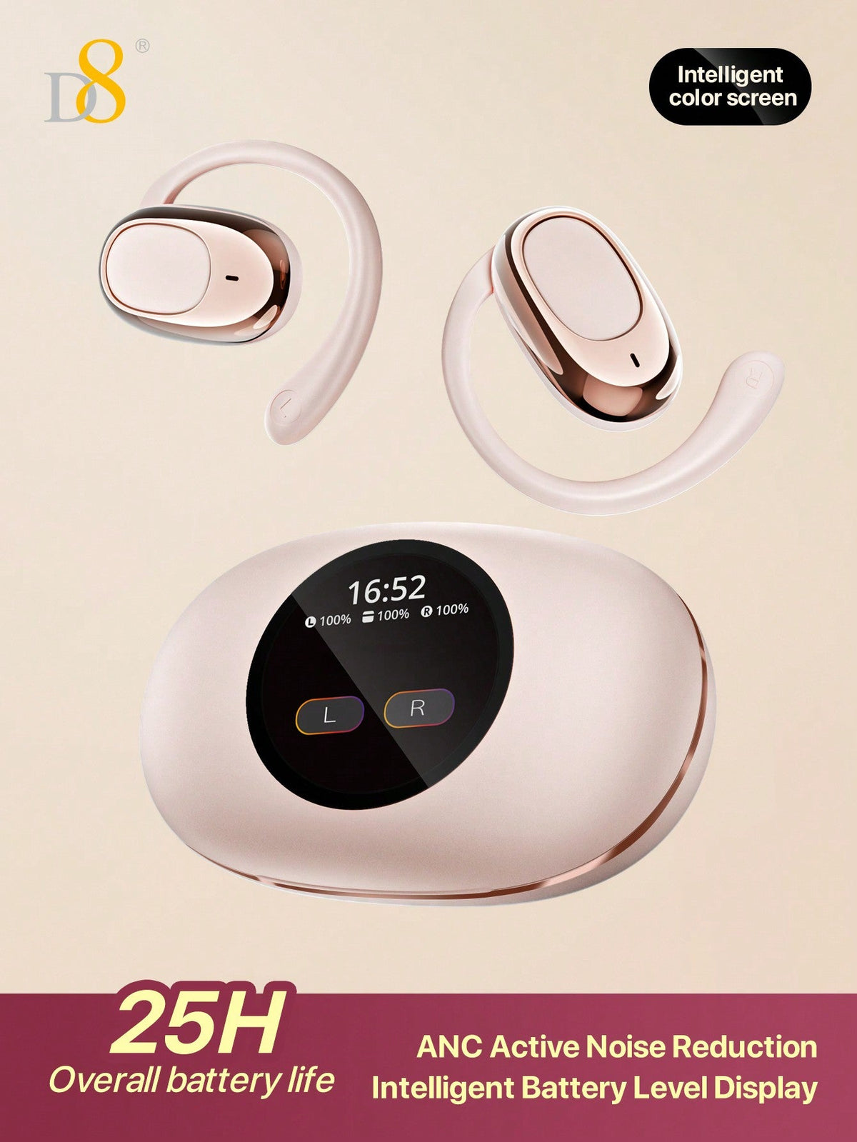 D8 Wireless Earbuds, LED Display, ENC Mic, Sport Earhook, Stereo Sound