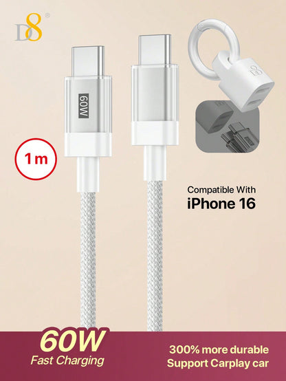 D8 USB-C Cable with Keychain, 60W Fast Charge, Nylon Braided, iPhone/Galaxy