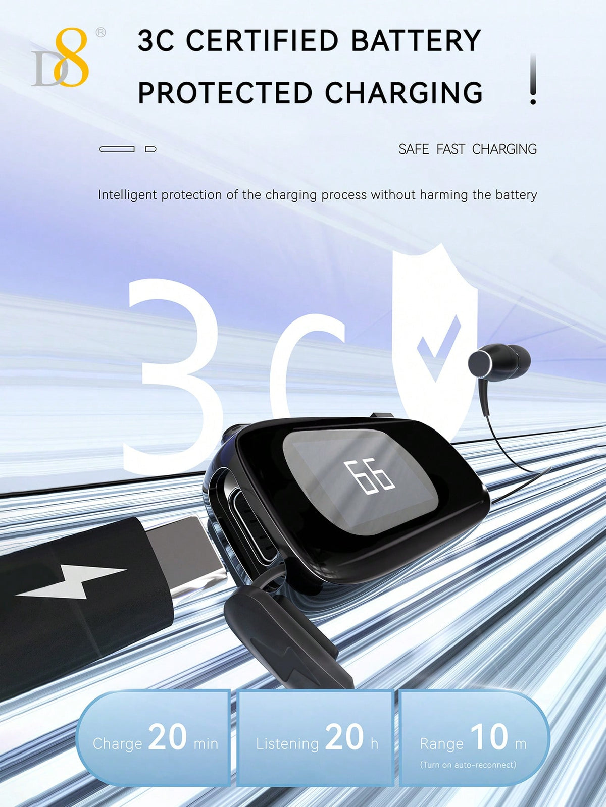 D8 Retractable Wireless Headset – LCD Display, Noise Cancelling Mic, 20H Talk Time